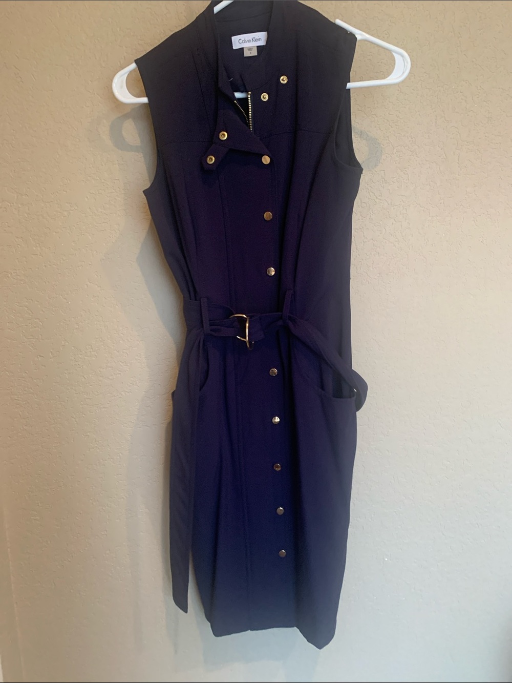 Calvin Klein Navy Sleeveless Button-Front Belted Dress